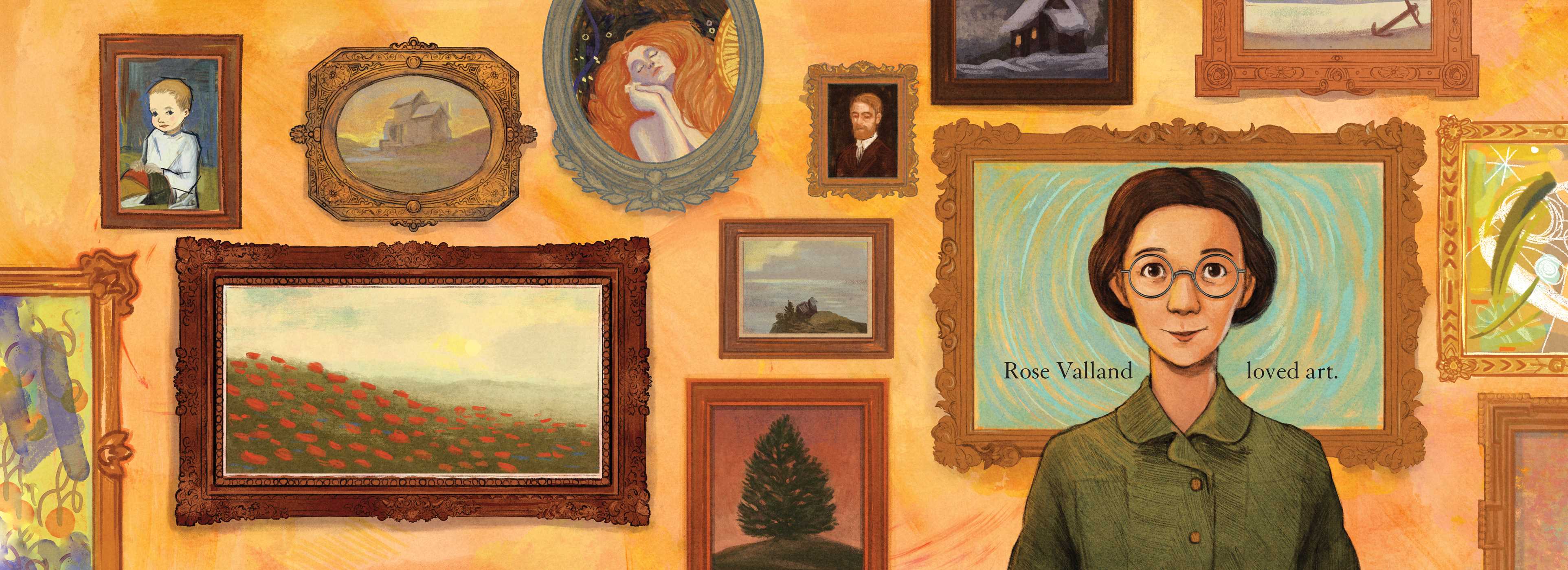 An interior spread from The Spy in the Museum showing Rose Valand standing in front of a wall of framed artworks.