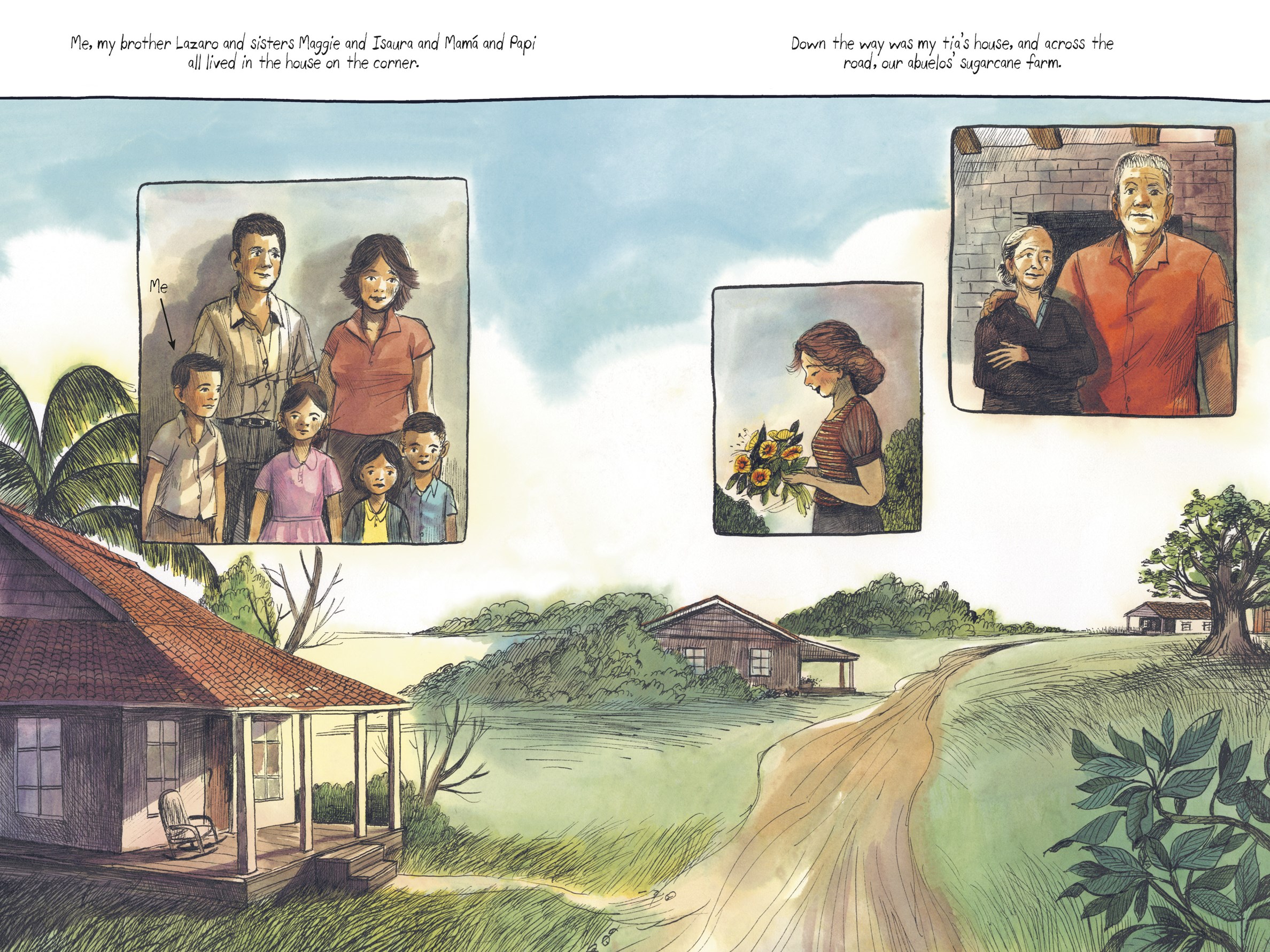 An interior spread from How to Say Goodbye in Cuban showing cottages in a green rural area. Inset images show a family, a young woman, and an older couple--family portraits.