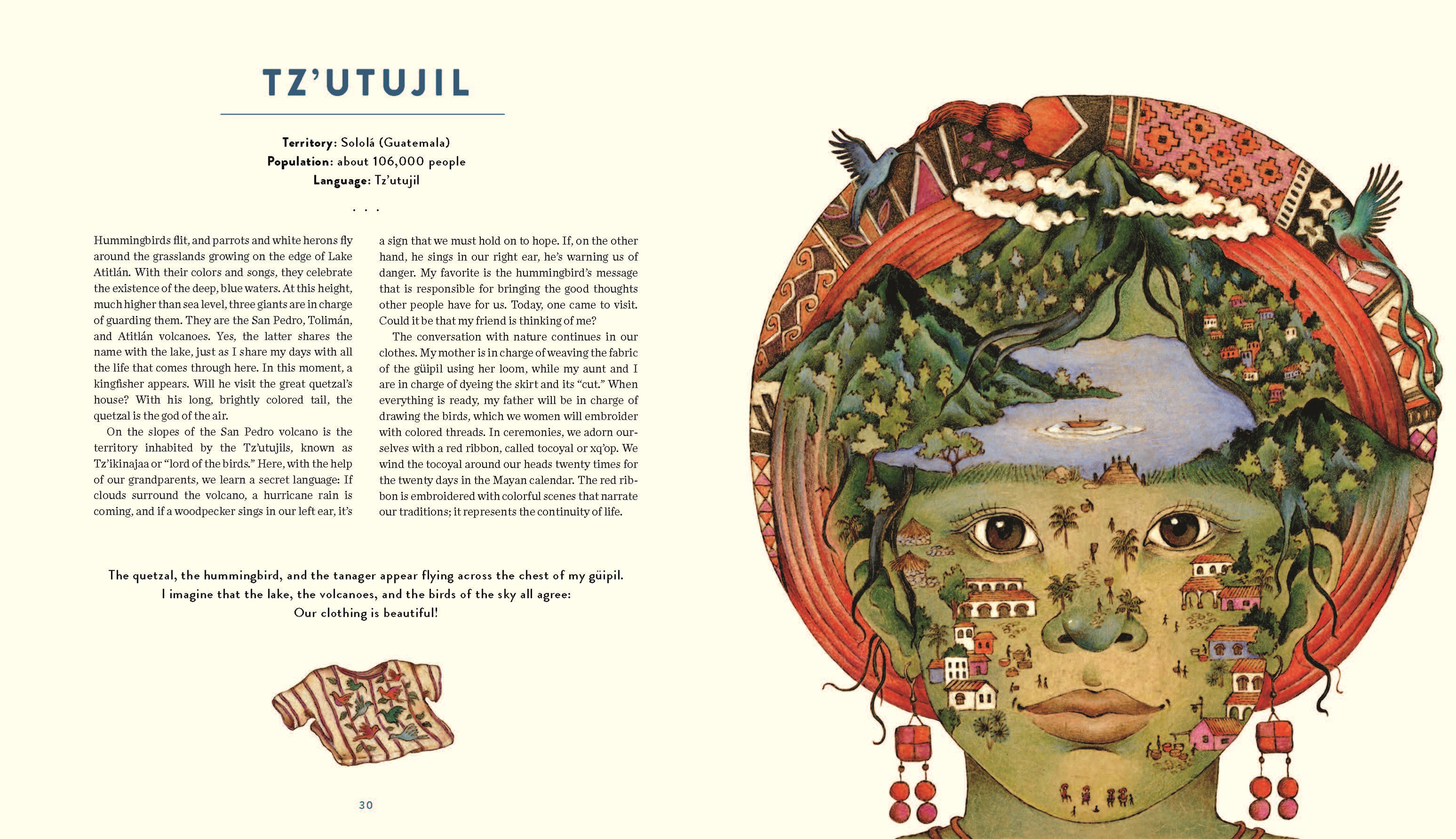 An interior spread from Origin featuring a portrait of a Tz'utujil child. Inside the child's face are mountains, a lake, and a village. Text on the left-hand is not easily visible in the image.