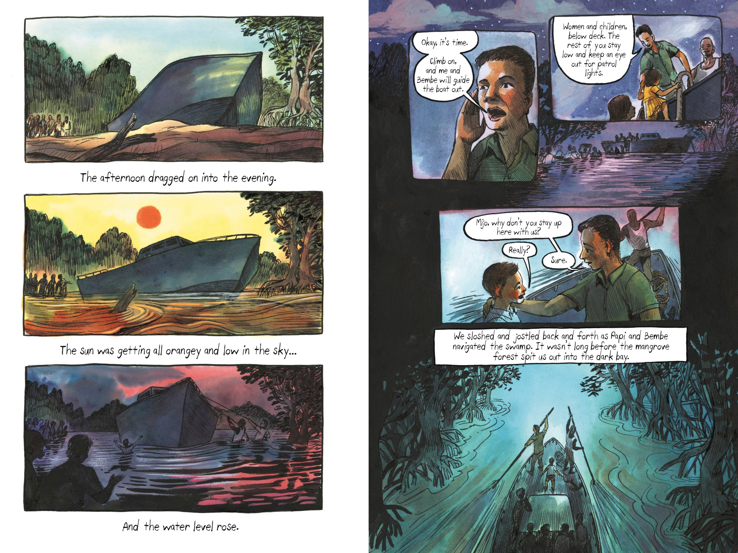 An interior spread from How to Say Goodbye in Cuban showing, three panels on the left spread showing a small boat as the sun sinks into night. On the right, a family navigates a swamp in the small boat.