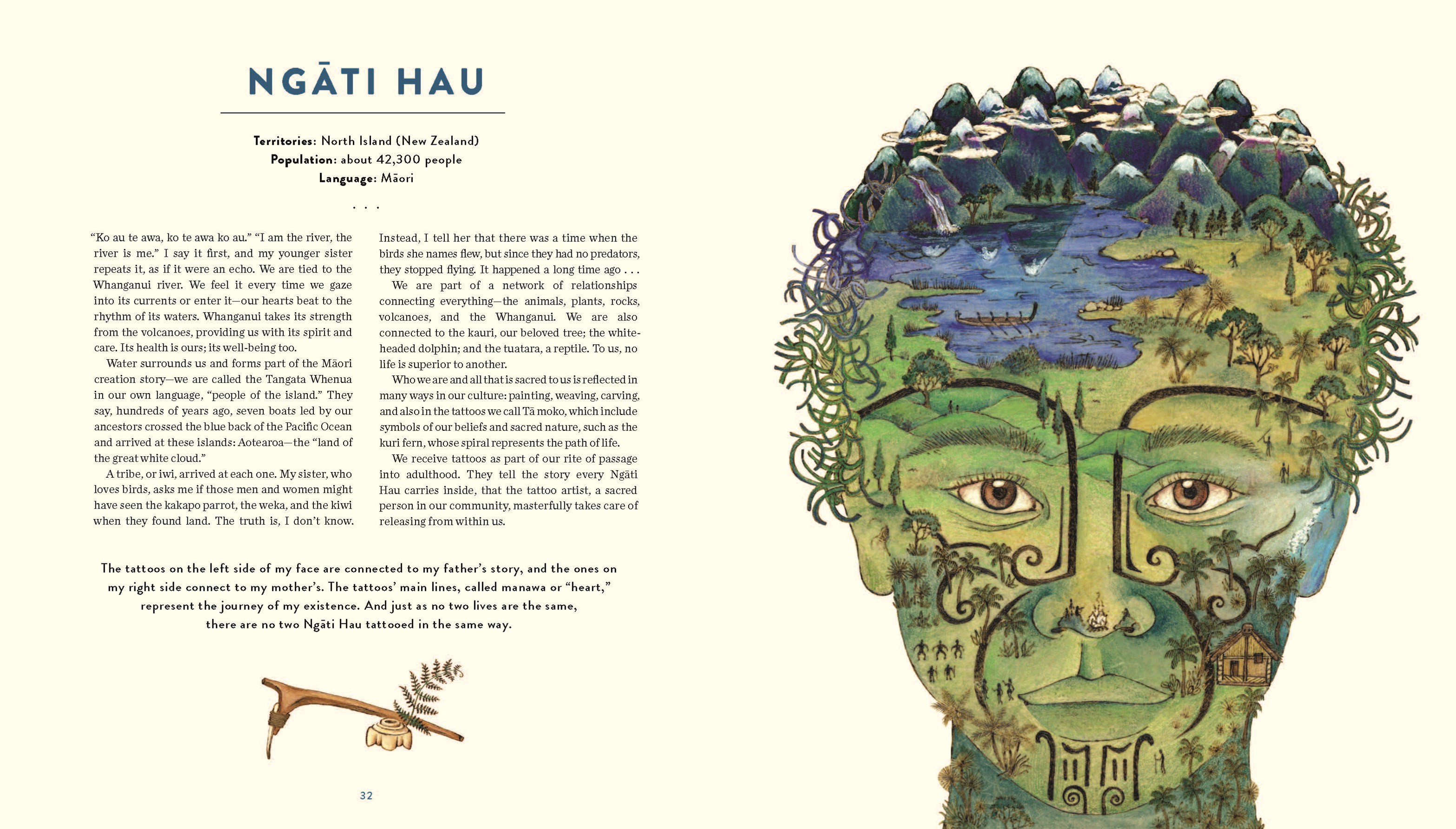 An interior spread from Origin featuring a portrait of a Ngati Hau child. Inside the child's face are mountains, a lake, and a village. Text on the left-hand is not easily visible in the image.