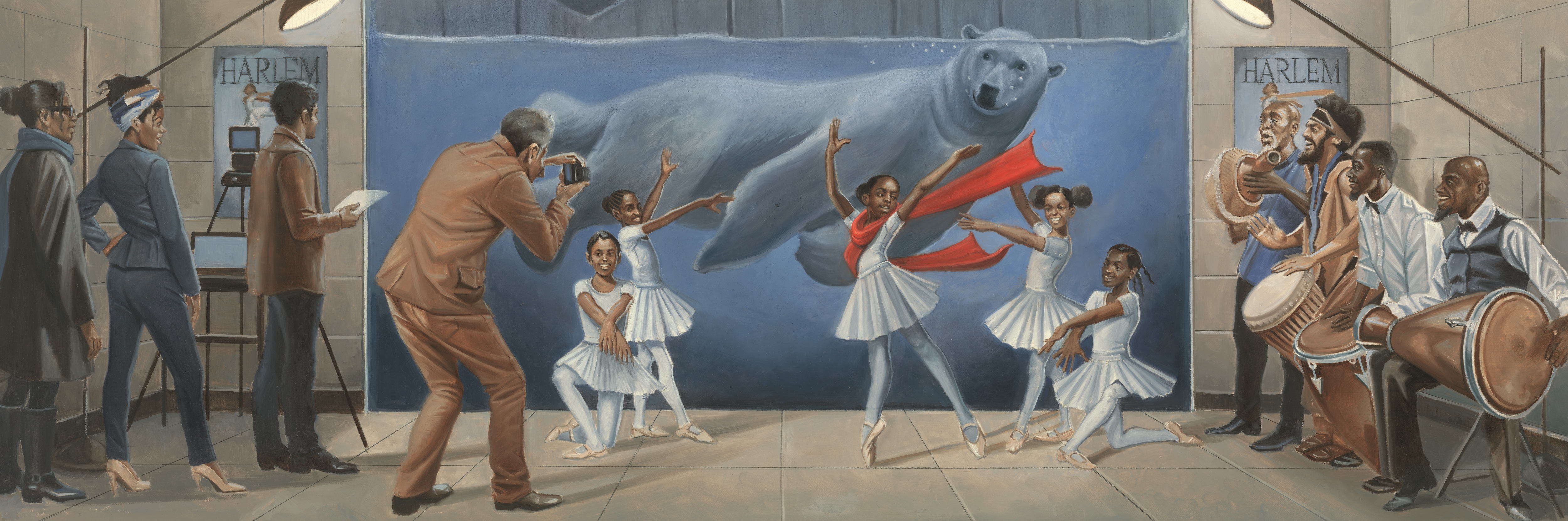 An interior spread from The Polar Bear and the Ballerina showing several young Black ballet dancers posing in front of a tank with a polar bear swimming.