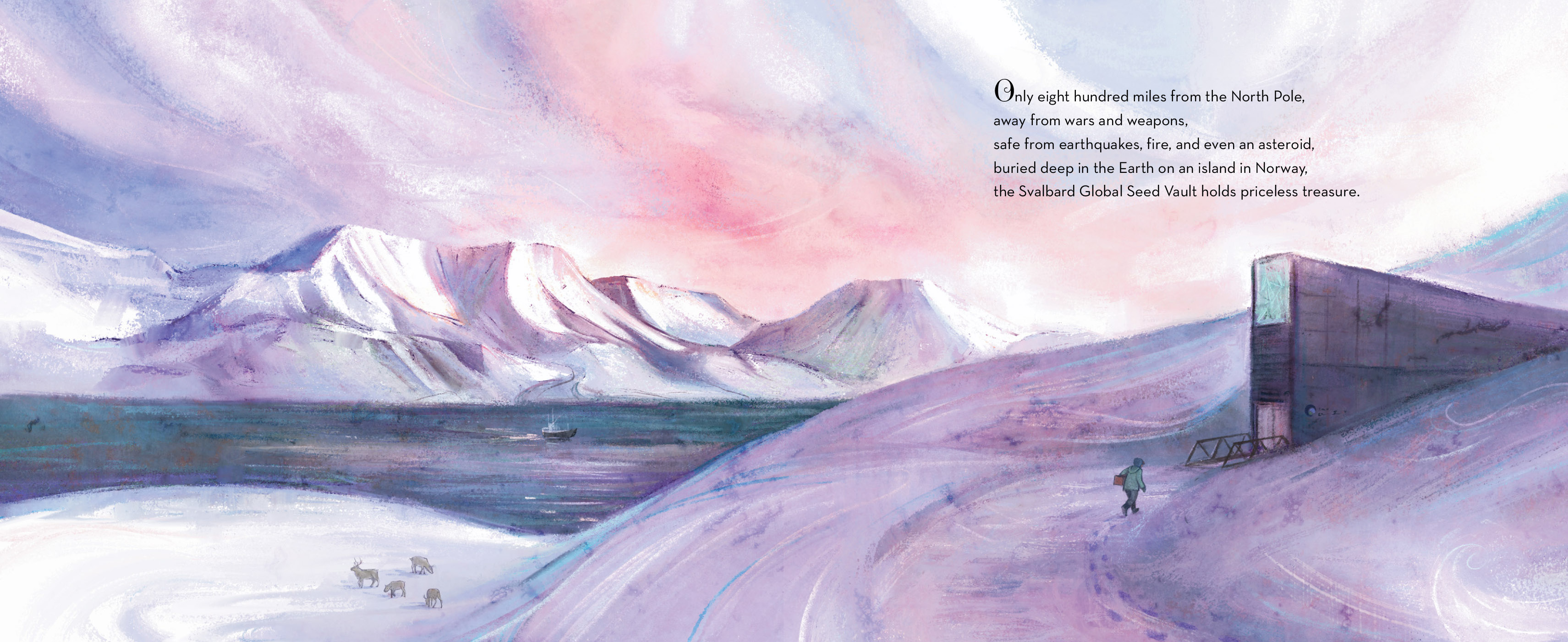 An interior spread from Just in Case showing the exterior entrance to the seed vault: a slim rectangle rising out of snowy glaciers.