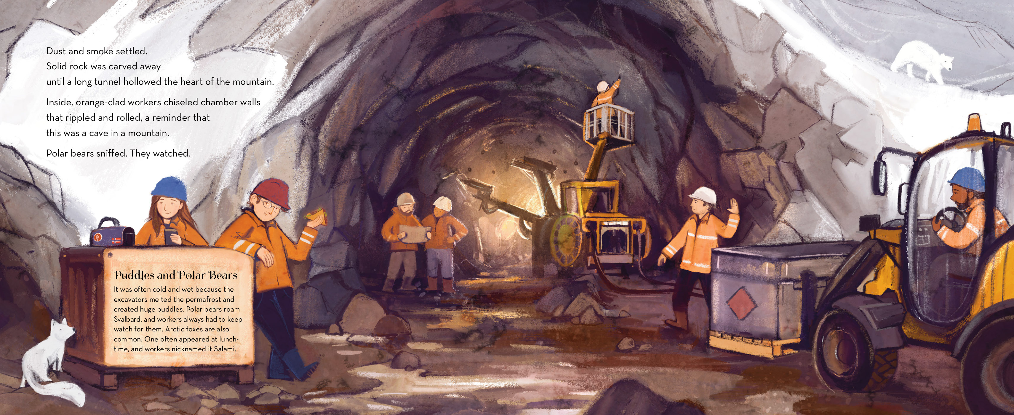 An interior spread from Just in Case showing the building of the seed vault inside the glacier, with workers digging tunnels to house the facility.