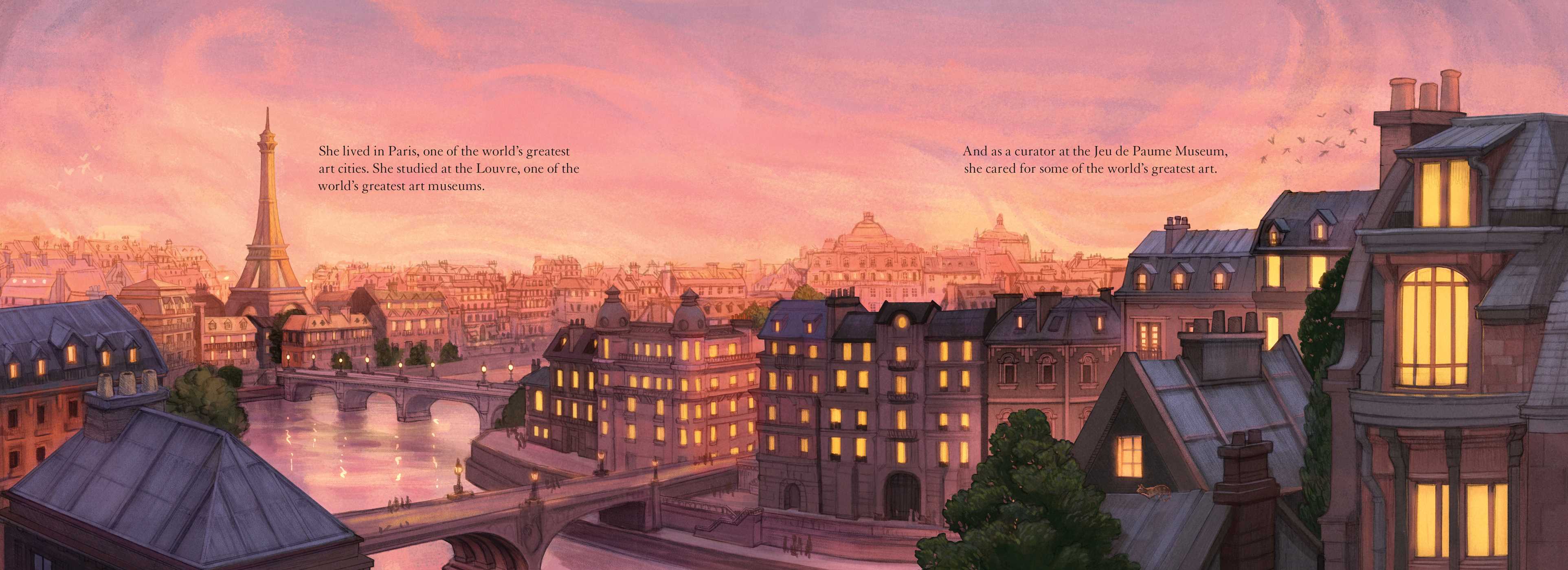 An interior image from The Spy in the Museum showing an aerial scene of Paris at sunset. 