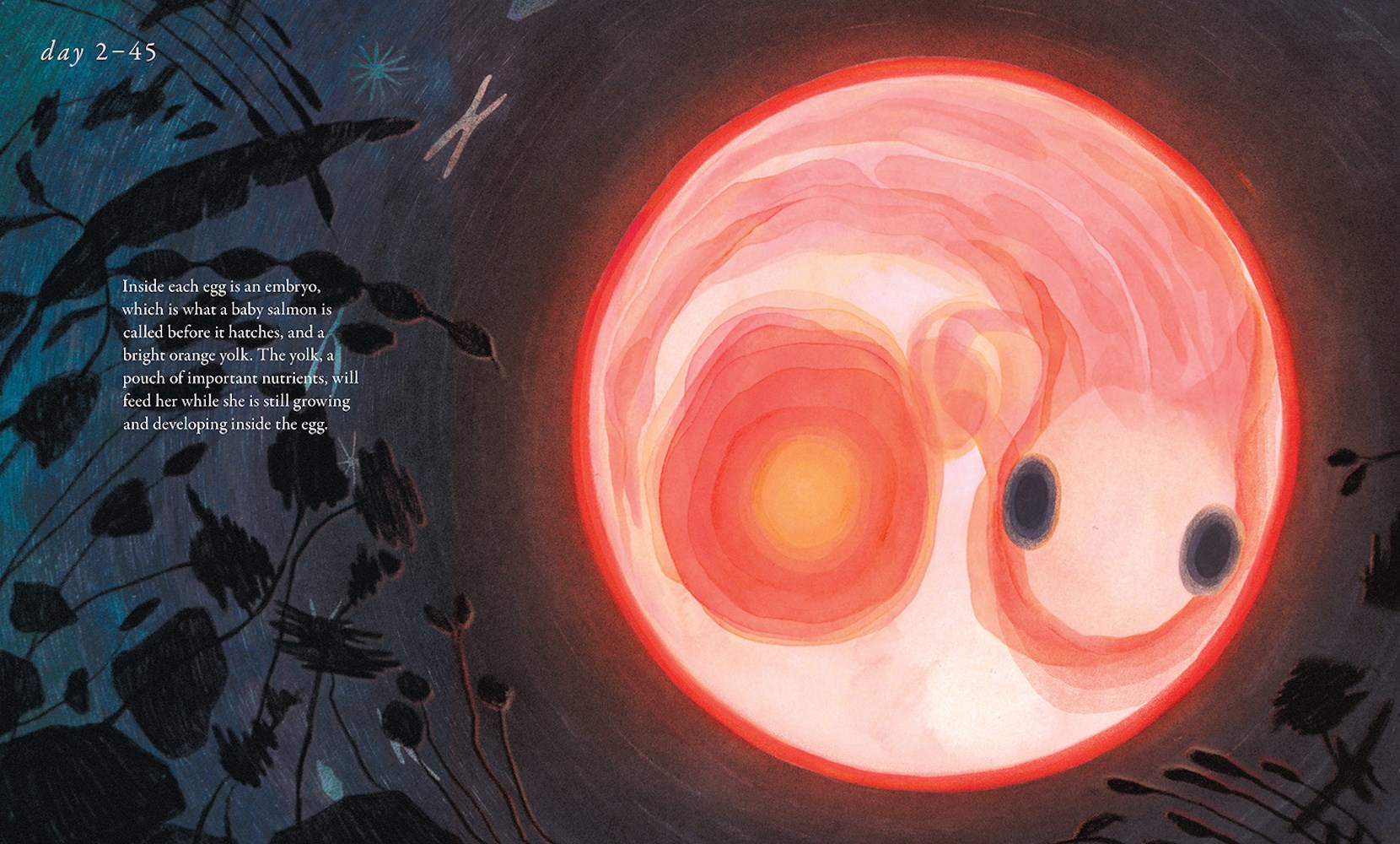 An interior image from Salmon Run showing a glowing large painting of a salmon egg with an embryo curled inside it.