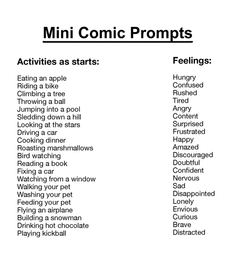Daniel Miyares has listed "mini comic prompts" in two columns: "activities to start" and "feelings." The "Activities to Start" include things like "eating an apple, riding a bike, looking at the starts," while the "feelings" include, "hungry, confused, rushed, tired, angry surprised, and nervous."