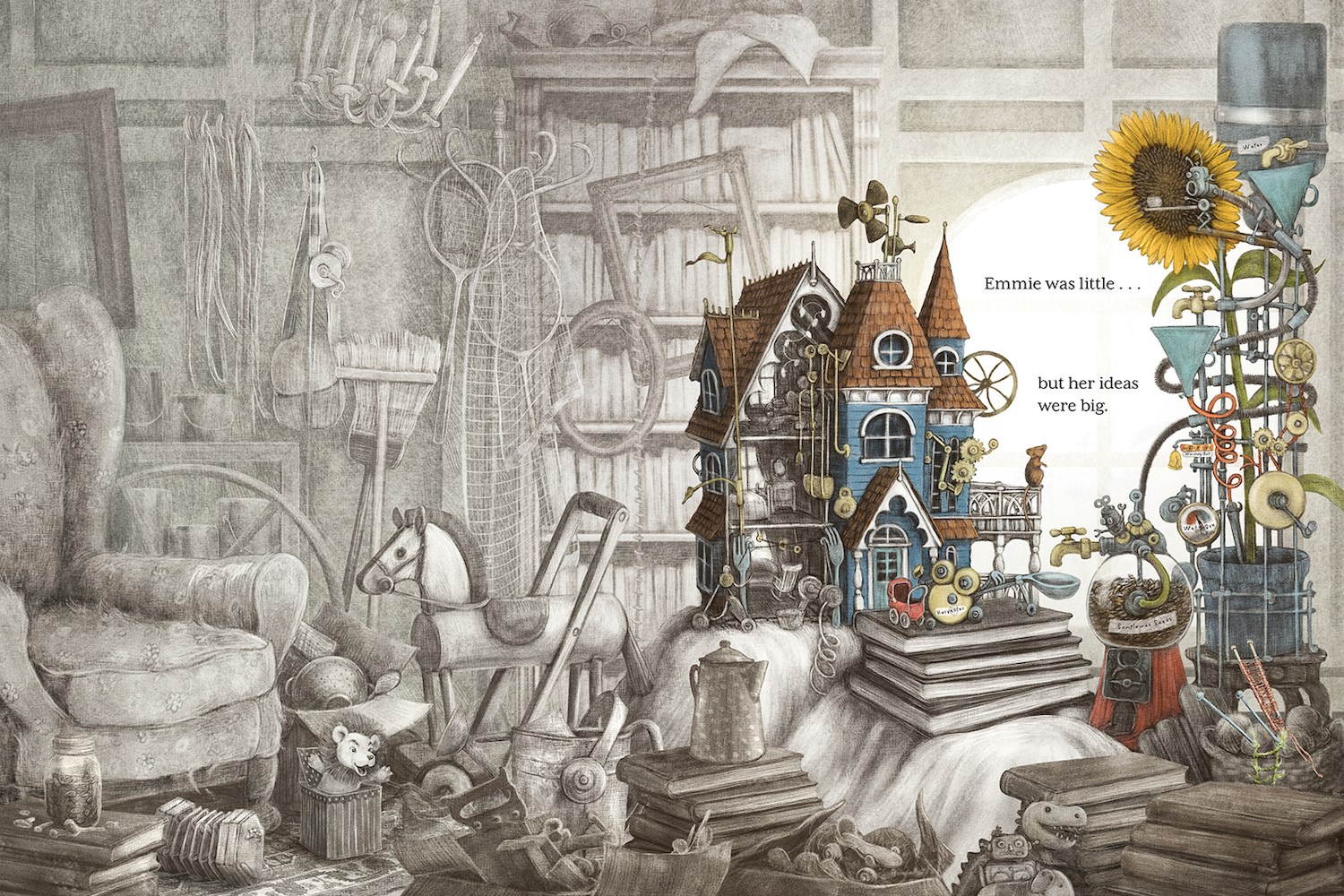 An interior image from Emmie Builds Something New showing a cluttered attic, rendered in black and white, while a dollhouse surrounded by Emmie's inventions stands out in bright color from the clutter. 