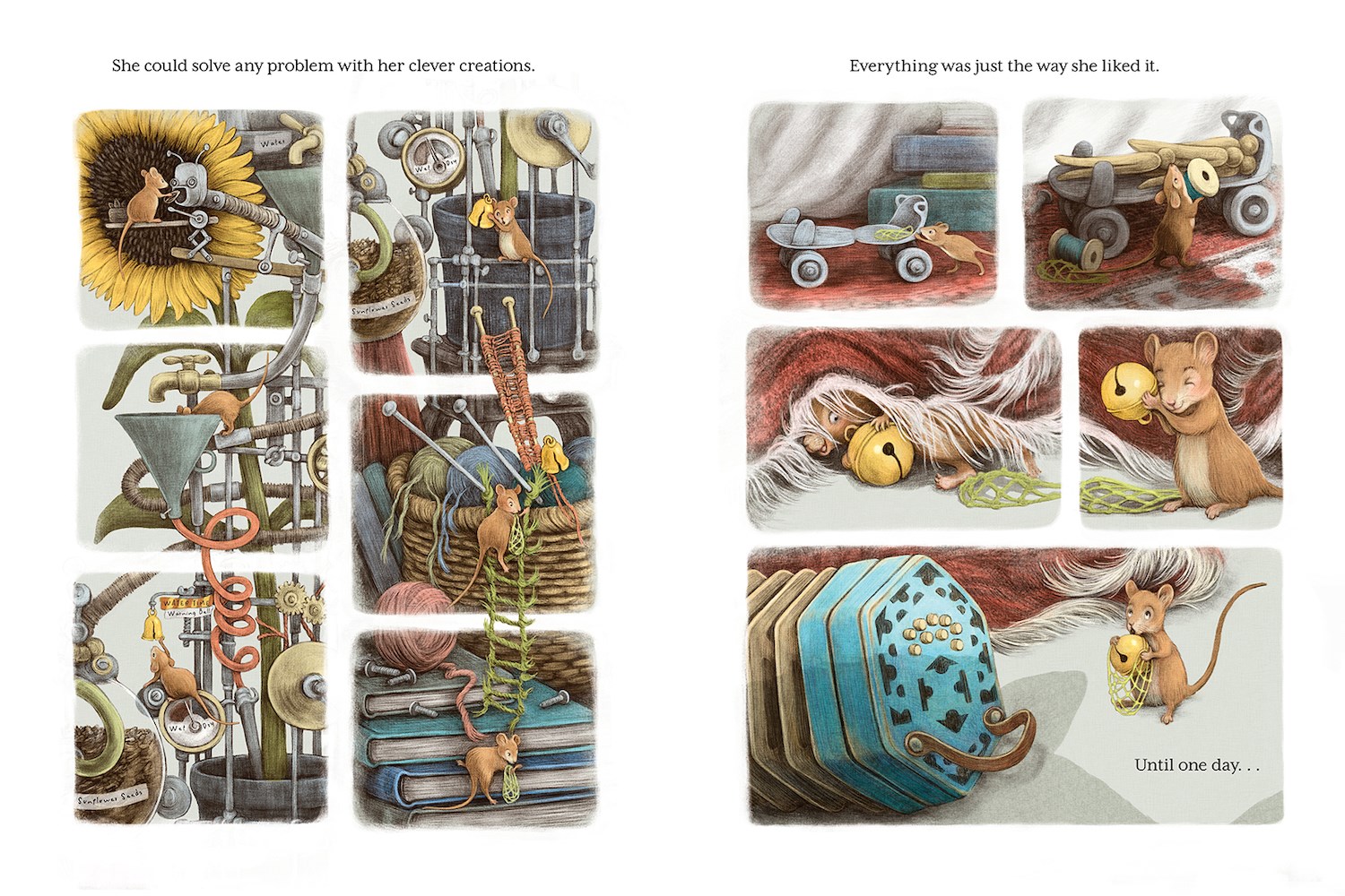 An interior image from Emmie Builds Something New showing many inset images of Emmie making inventions from found materials in the attic. Pictured are an irrigation system for a sunflower, a rope ladder from a ball of yarn, and a roller skate, which becomes the truck to carry found objects.