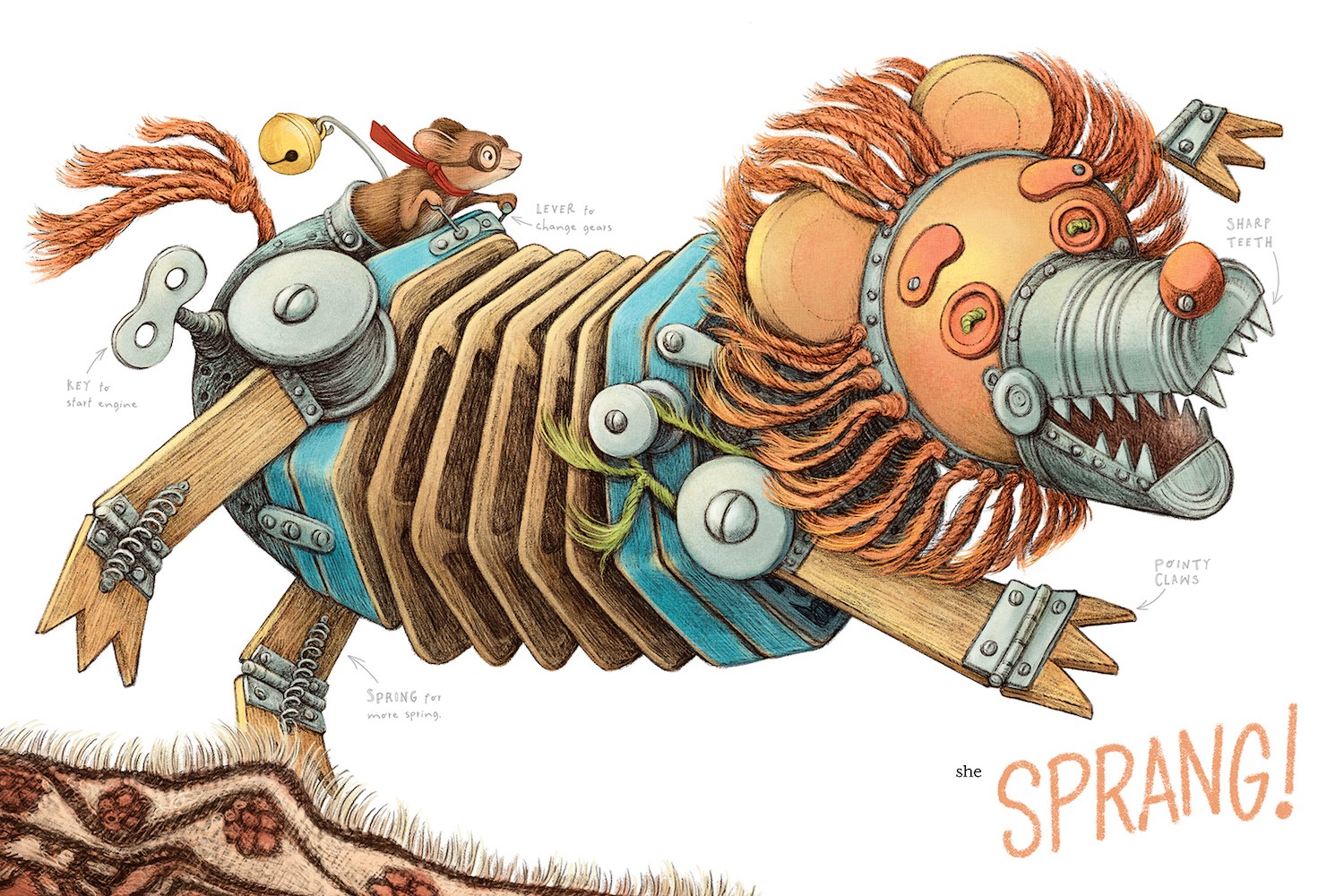 An interior image from Emmie Builds Something New showing  a mechanical lion created from Emmie's found treasures. Emmie drives the lion from a seat by the lion's tail.